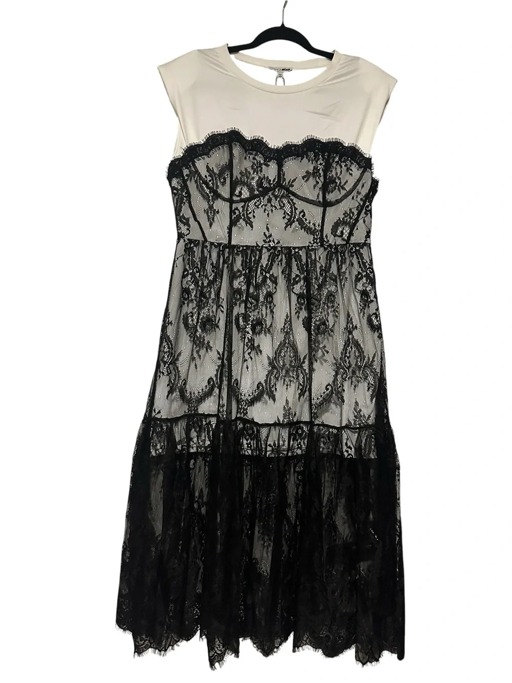 NWT Fashion Nova White with Black Lace Overlay Midi Dress with Padded Shoulders - Picture 1 of 2
